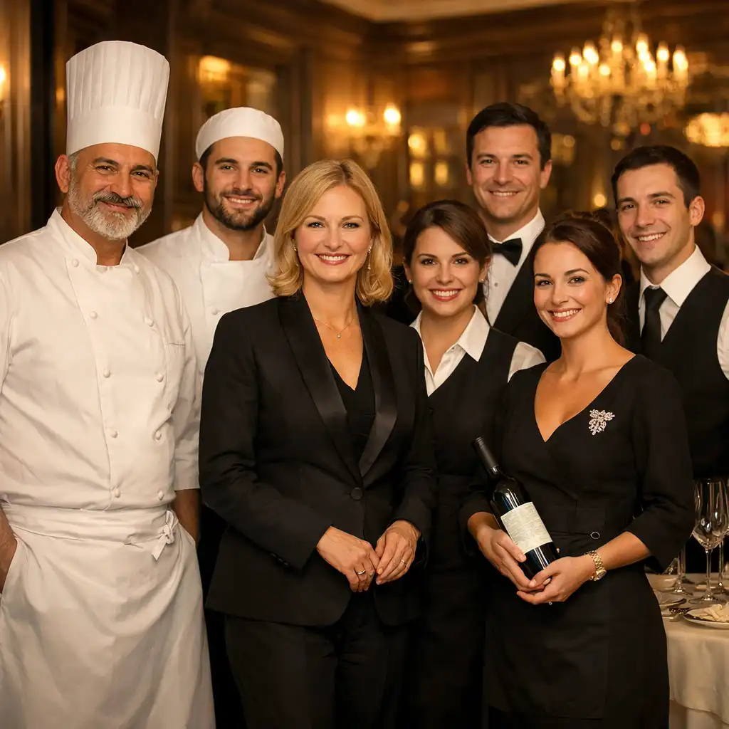 Équipe souriante d’Arveenique en salle et en cuisine préparant un événement