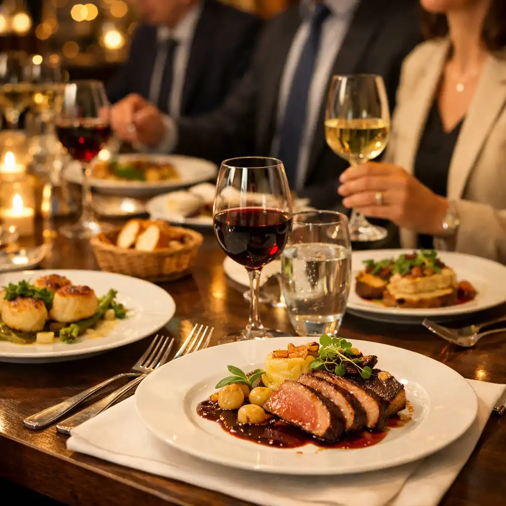 Table gastronomique dressée pour un dîner d’affaires dans une ambiance chaleureuse