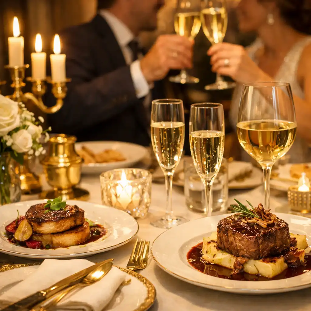Table dressée avec vaisselle raffinée et bougies pour un dîner privé