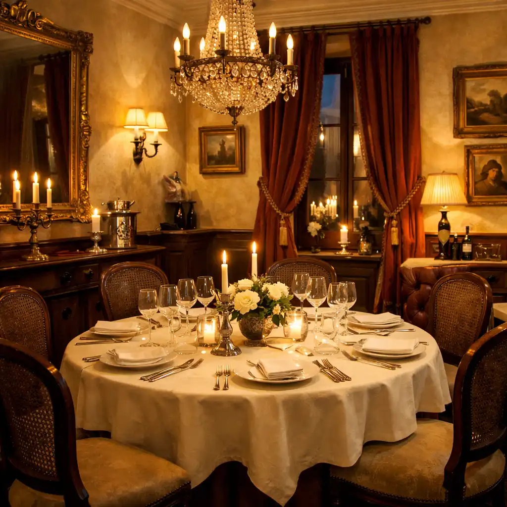 Grande salle du restaurant Arveenique préparée pour un dîner d’exception