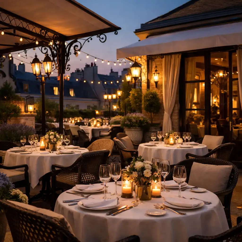 Terrasse élégante d’Arveenique prête à accueillir un événement