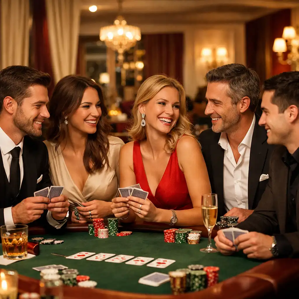 Convives souriants partageant une partie de poker offline dans une ambiance conviviale