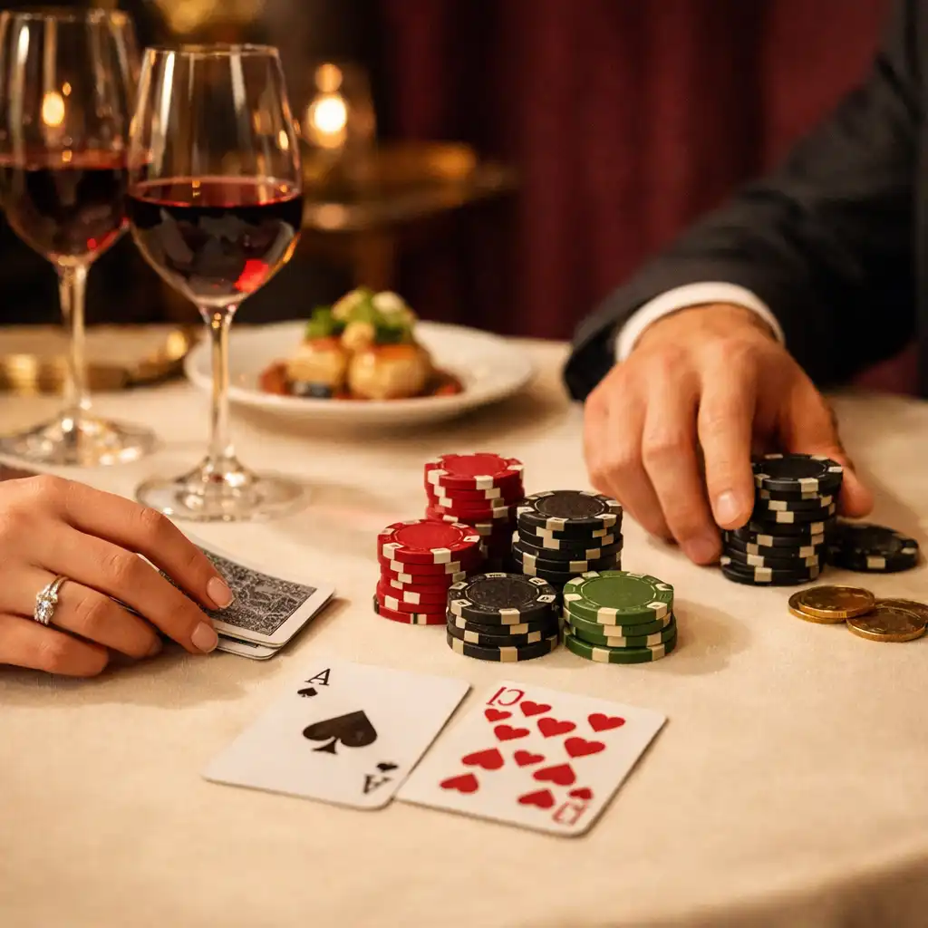 Ambiance feutrée autour d’une table de poker dans le restaurant Arveenique
