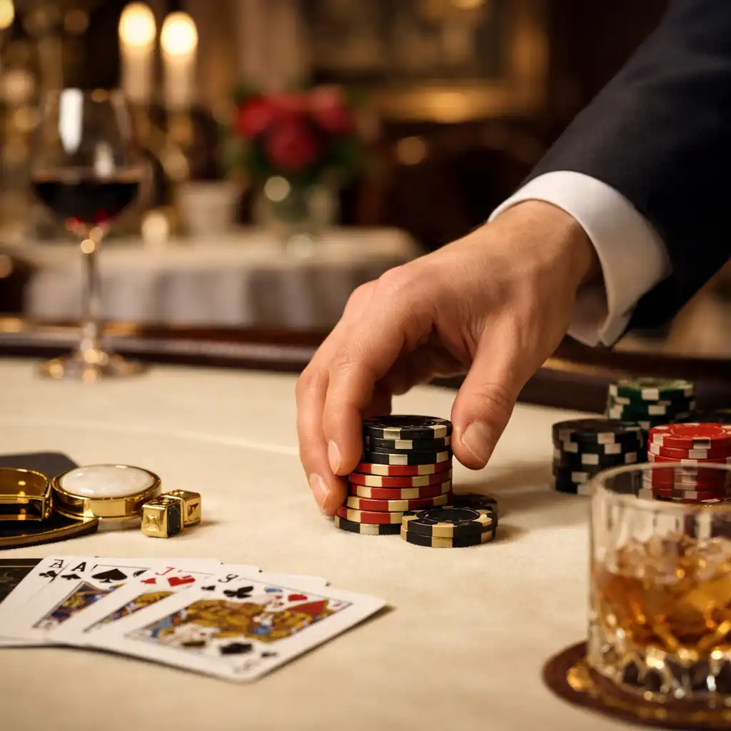 Détail d’une table de poker élégamment dressée avec jetons et cartes