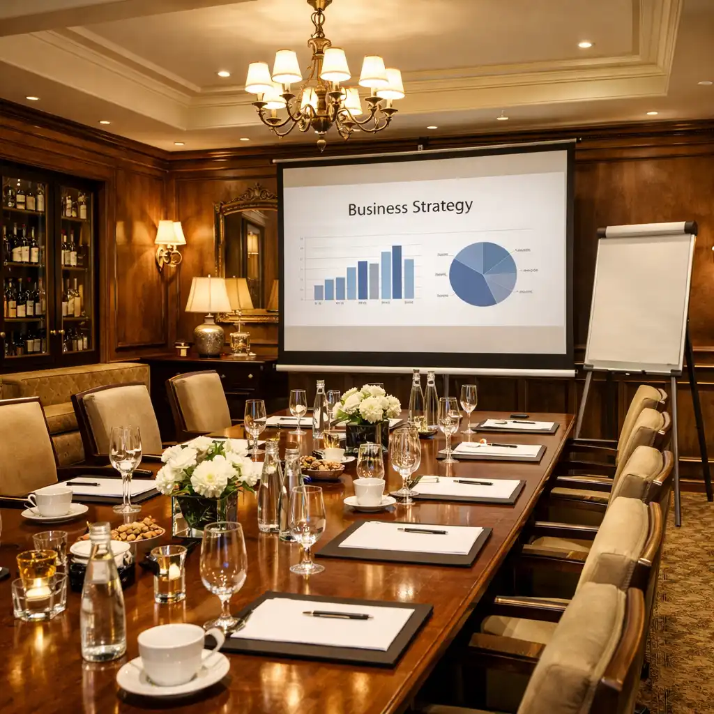 Salle d’Arveenique aménagée pour un événement d’entreprise avec tables élégamment dressées