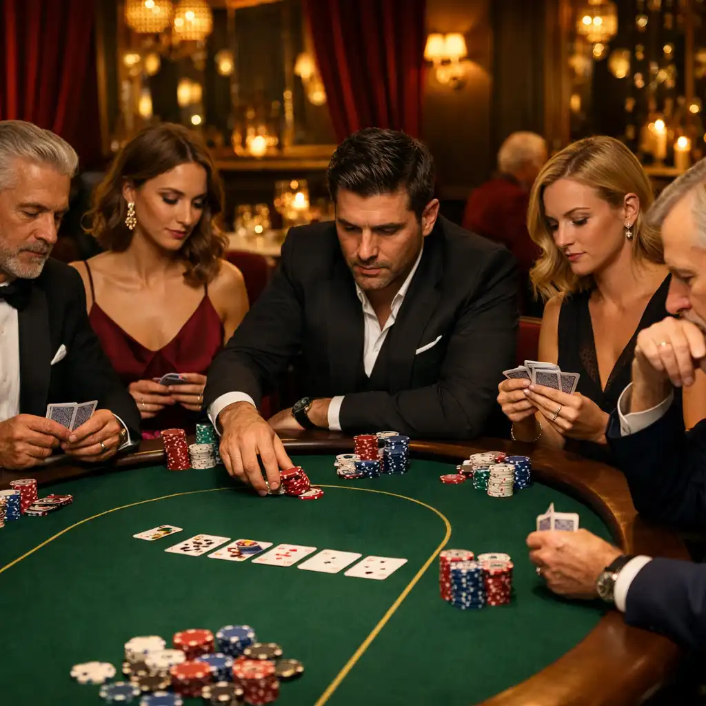 Table de poker offline entourée de convives dans une ambiance feutrée