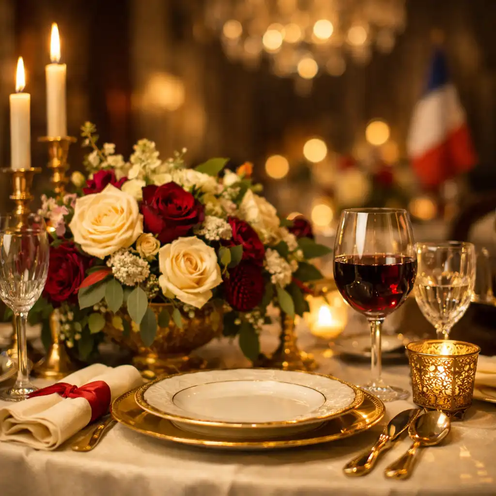 Table élégamment dressée pour une soirée thématique chez Arveenique avec décor raffiné et lumière chaleureuse.